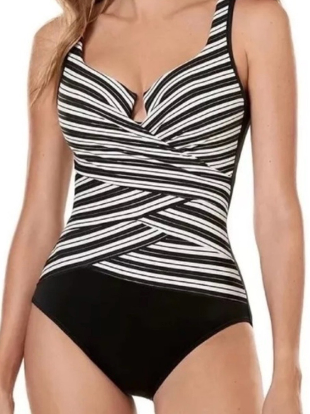 Miraclesuit‎ Black & White Stripe Escape Slimming One Piece Swimsuit Size 10